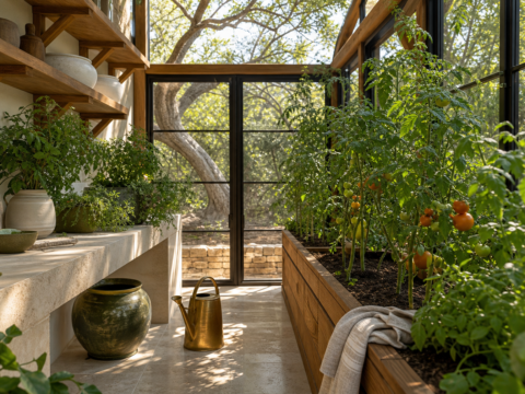 Garden enclosure with tomatoes, watering can, gentle tomato inspection, Texas Hill Country light, and no graphic pest detail.