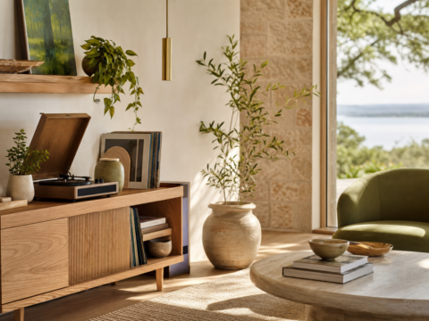 Record console, stacked records, plants, windows, natural postmodern furniture, and warm summer light.