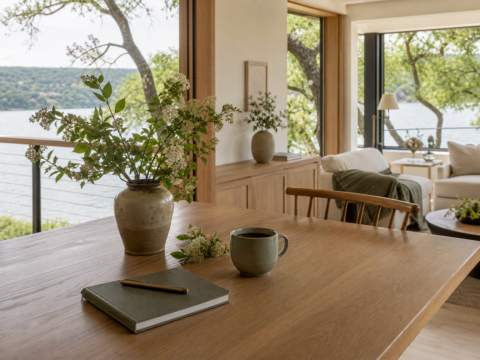 Simple table with coffee, notebook, flowers, clean but lived-in room, and soft natural light.