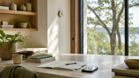 Home office or kitchen counter with notes, phone facedown, book stack, trees outside, and calm workday light.