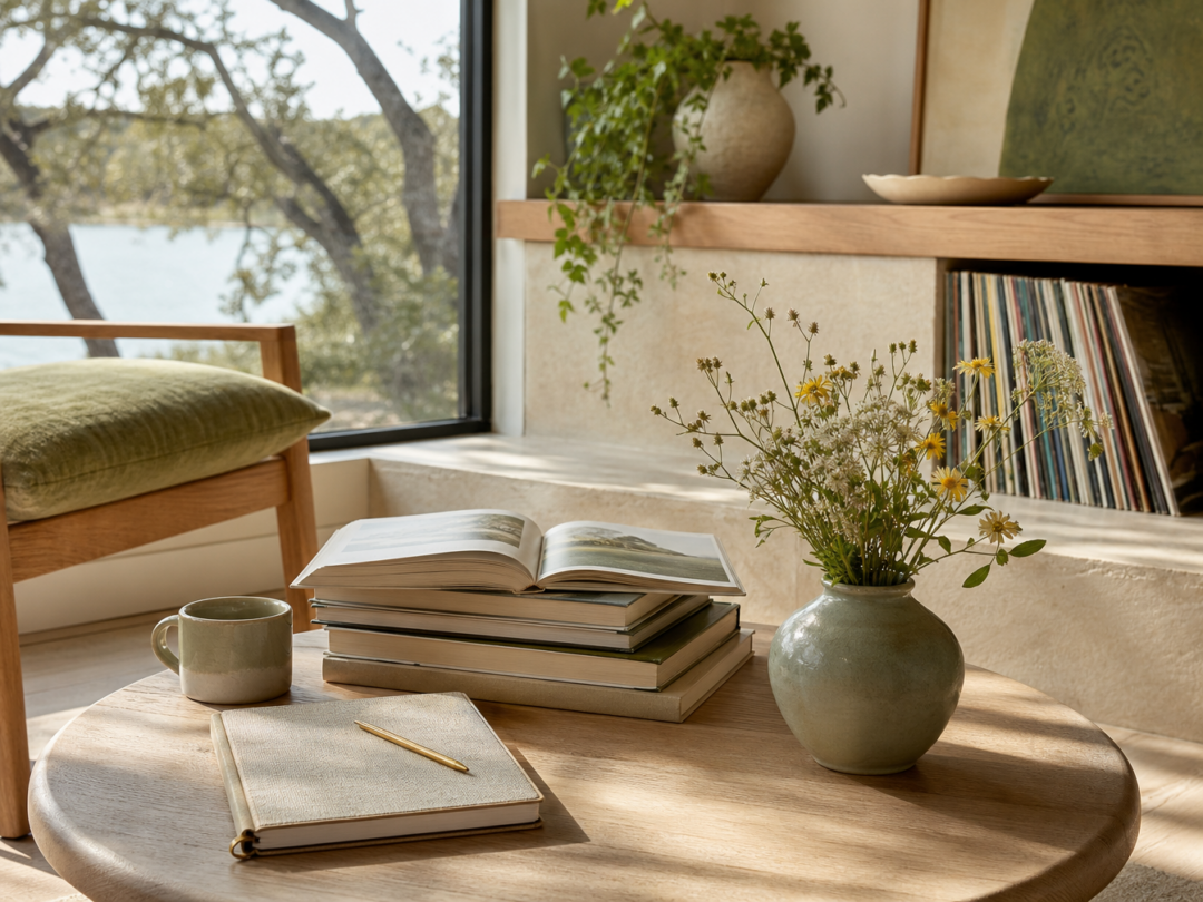 Curated book stack with current read, wildflowers, notebook, coffee, and record shelf hint.
