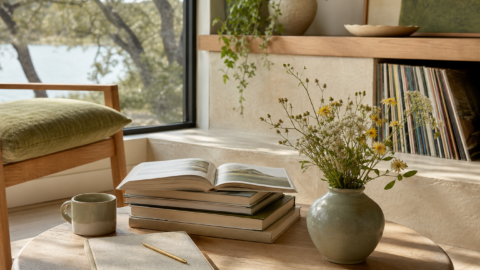 Curated book stack with current read, wildflowers, notebook, coffee, and record shelf hint.