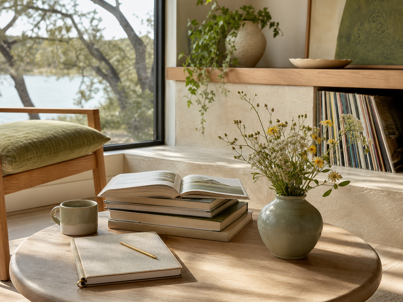 Curated book stack with current read, wildflowers, notebook, coffee, and record shelf hint.