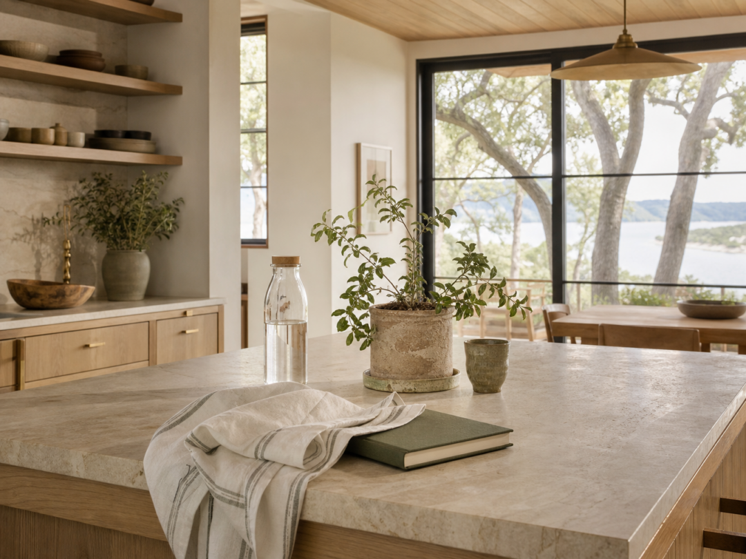 Limestone island with a few real-life objects being reset, linen towel, plant, notebook, water bottle, and natural light.