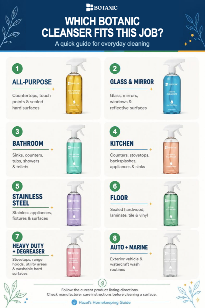 A practical guide to the eight Botanic household cleanser systems and the everyday jobs each one is designed to handle.