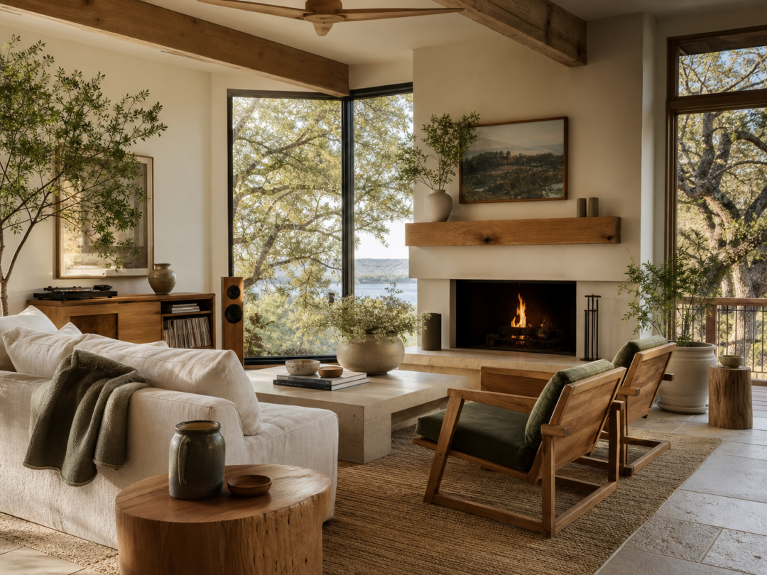 Living room with solid wood furniture, plants, linen, record console, bright windows, and warm organic materials.