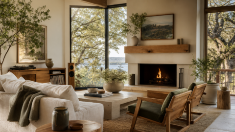 Living room with solid wood furniture, plants, linen, record console, bright windows, and warm organic materials.