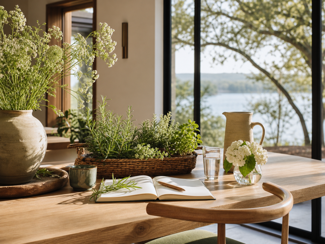 Mid-summer Botanic House table with herbs, notebook, flowers, warm window light, and garden feeling.