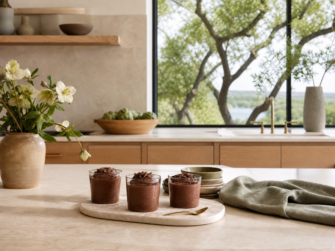 Dark chocolate mousse in simple glass cups or pottery bowls on a clean kitchen counter with linen, flowers, and natural light.