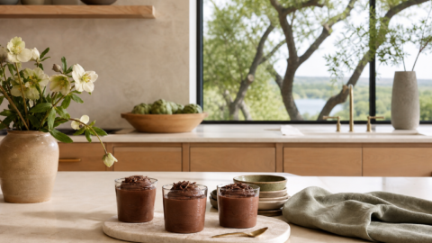 Dark chocolate mousse in simple glass cups or pottery bowls on a clean kitchen counter with linen, flowers, and natural light.