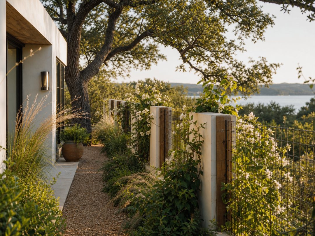 Property fence line with climbing flowers, tendrils, native grasses, tidy garden context, oak trees, and warm light.