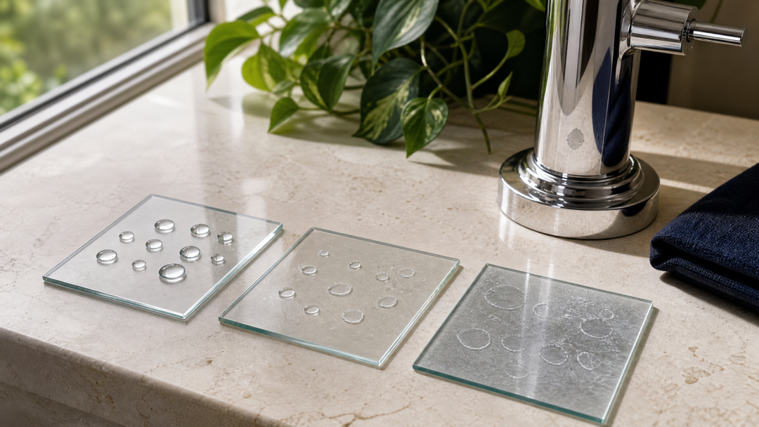 Hard-water spots form when mineral-containing water dries on a surface and leaves part of its dissolved material behind.