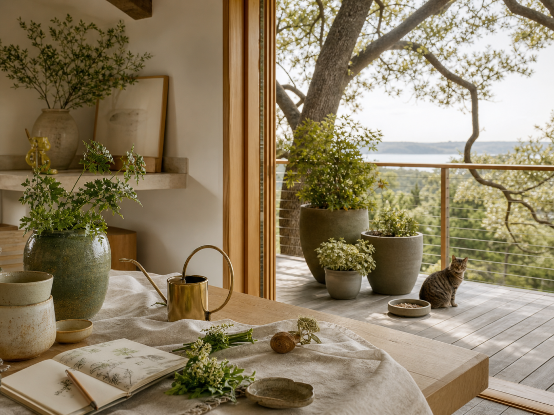 Home and garden prep scene with watering can, porch plants, cat dish, garden notes, warm natural light, and no people.