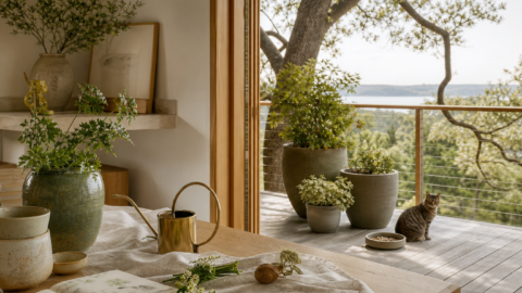 Home and garden prep scene with watering can, porch plants, cat dish, garden notes, warm natural light, and no people.