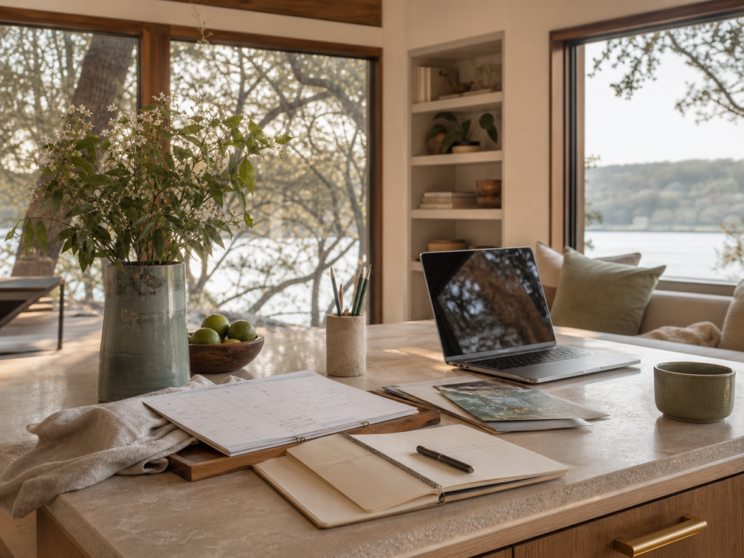 Evening desk or kitchen island with calendar, travel notes, laptop, notebook, flowers or herbs, and soft natural light.