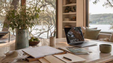 Evening desk or kitchen island with calendar, travel notes, laptop, notebook, flowers or herbs, and soft natural light.