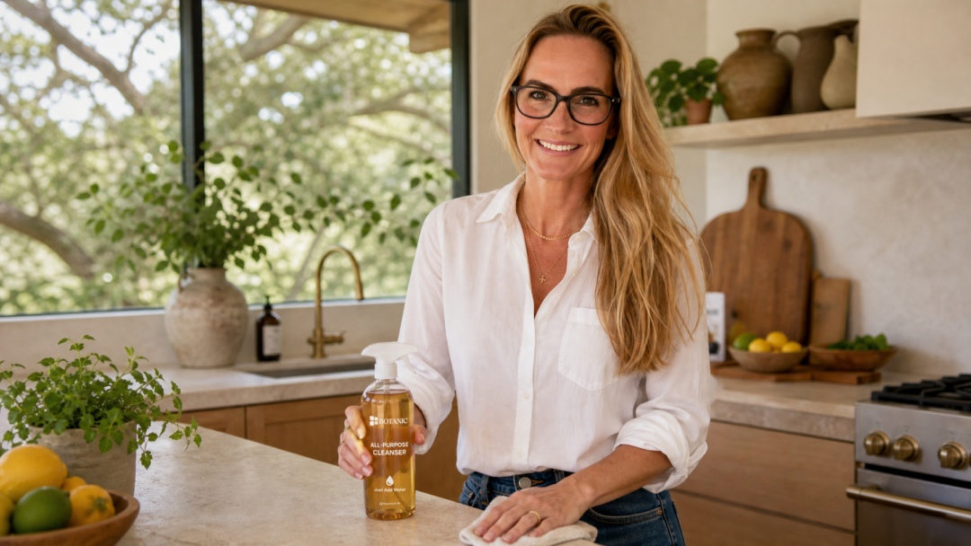 Jennifer stands in a bright modern kitchen holding a Botanic All-Purpose Cleanser bottle.