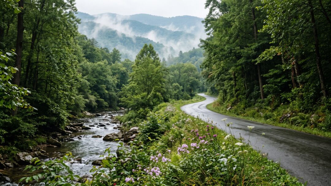 A misty road beside a clear mountain stream in Tennessee’s Great Smoky Mountains after summer rain.