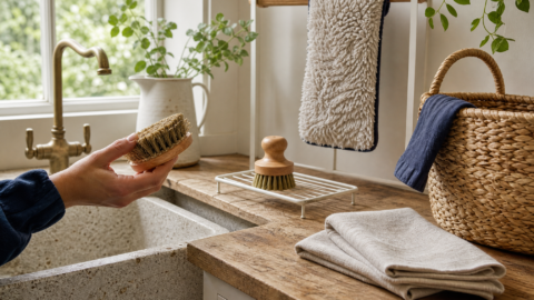 Clean cloths, a drying mop pad, and brushes arranged in a utility room to show washing, drying, storing, and inspecting reusable cleaning tools.