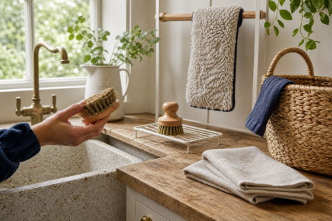Clean cloths, a drying mop pad, and brushes arranged in a utility room to show washing, drying, storing, and inspecting reusable cleaning tools.