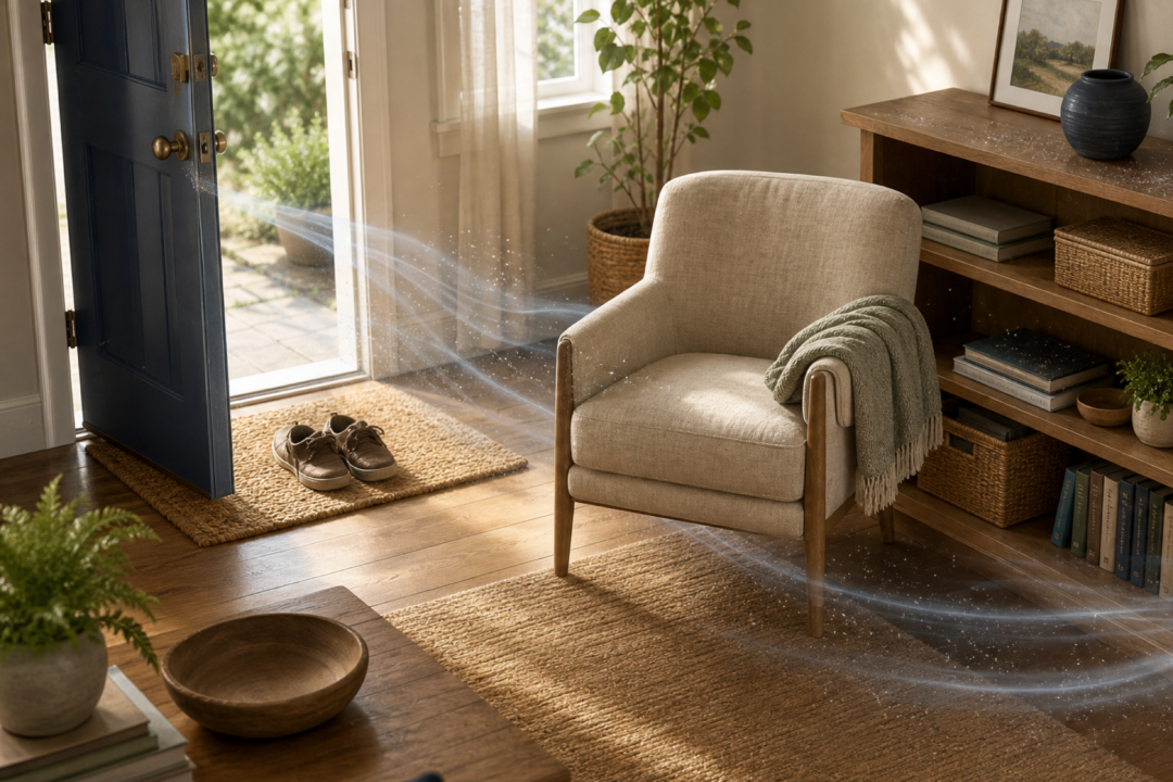 A text-free illustration traces subtle dust movement from an open entry and upholstered chair toward a wood shelf and floor in a warm living room.