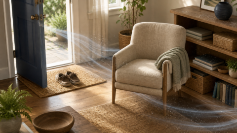 A text-free illustration traces subtle dust movement from an open entry and upholstered chair toward a wood shelf and floor in a warm living room.