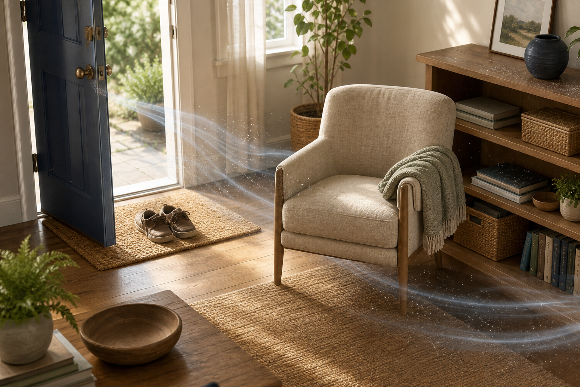 A text-free illustration traces subtle dust movement from an open entry and upholstered chair toward a wood shelf and floor in a warm living room.