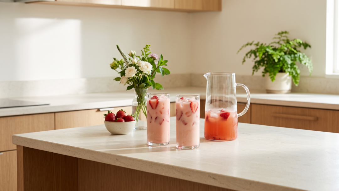 A cold, creamy strawberry tea drink for simple hospitality on a hot Texas August afternoon.
