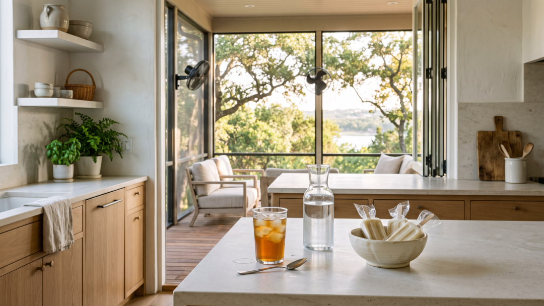 What Texas August feels like at home: cool air, iced tea, porch fans, frozen treats, gratitude, and humor.