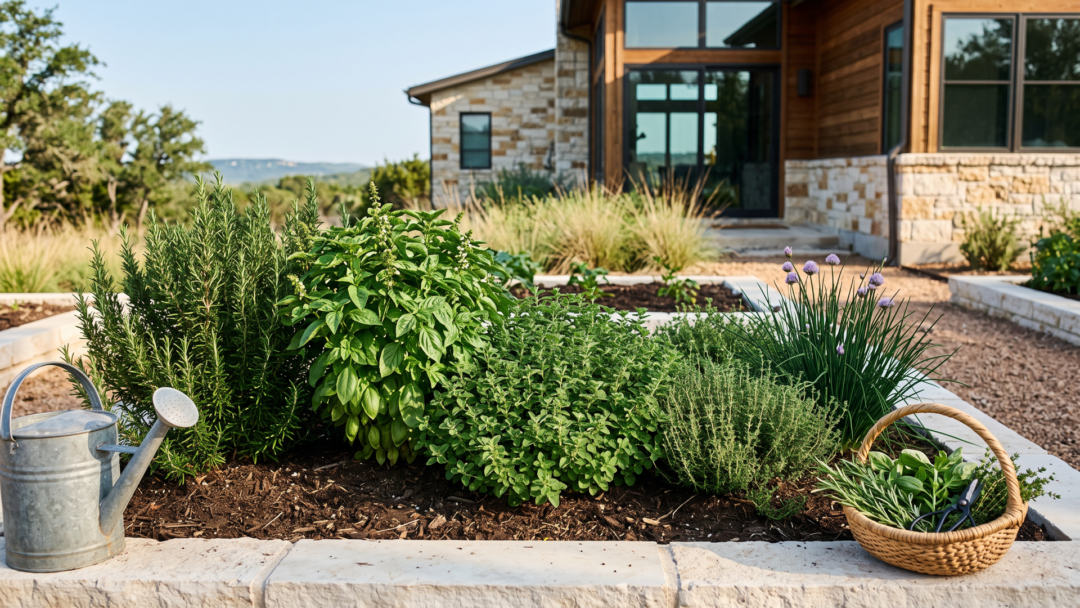 Five useful culinary herbs worth growing again in Texas heat: basil, oregano, chives, rosemary, and thyme.