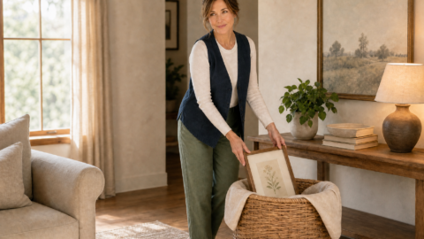 Hazel places a framed picture in a temporary holding basket beside a quieter living room while keeping a lamp, books, and everyday essentials in place.
