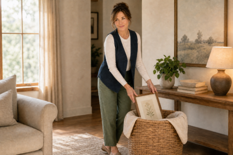 Hazel places a framed picture in a temporary holding basket beside a quieter living room while keeping a lamp, books, and everyday essentials in place.