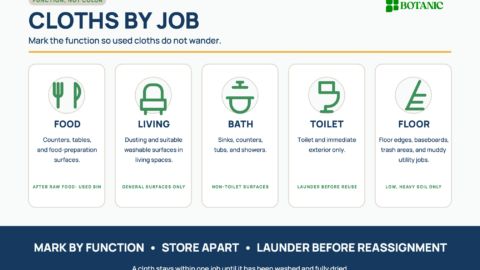 A function-based chart assigns cleaning cloths to food areas, living spaces, bathrooms, toilets, and floors, with reminders to mark, store, and launder them.