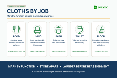 A function-based chart assigns cleaning cloths to food areas, living spaces, bathrooms, toilets, and floors, with reminders to mark, store, and launder them.