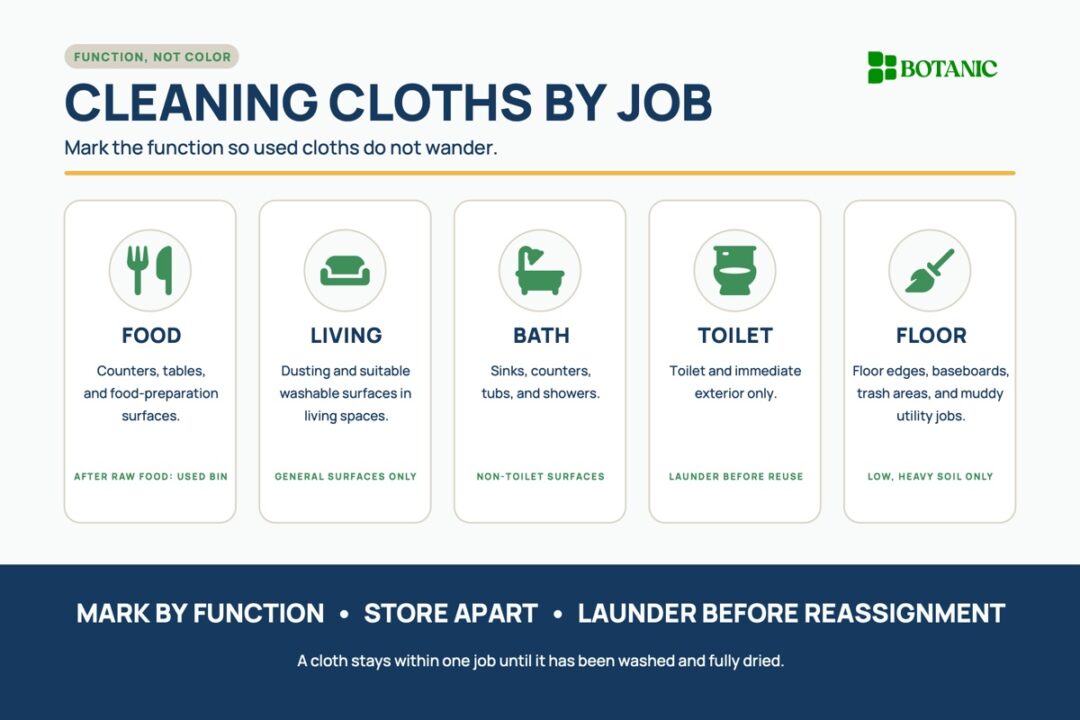 A function-based chart assigns cleaning cloths to food areas, living spaces, bathrooms, toilets, and floors, with reminders to mark, store, and launder them.