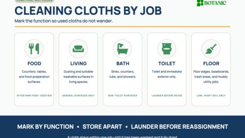 A function-based chart assigns cleaning cloths to food areas, living spaces, bathrooms, toilets, and floors, with reminders to mark, store, and launder them.