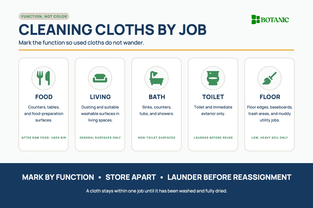 A function-based chart assigns cleaning cloths to food areas, living spaces, bathrooms, toilets, and floors, with reminders to mark, store, and launder them.