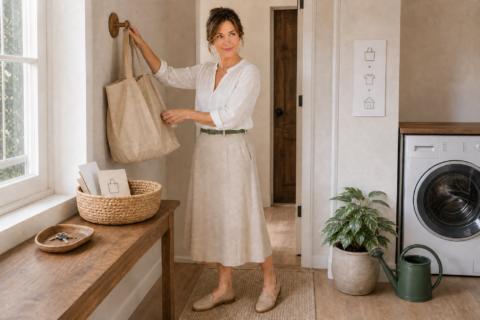 Hazel places an outgoing tote on a hook in a bright household landing area with a key tray, action basket, laundry sequence card, and watering can beside a plant.