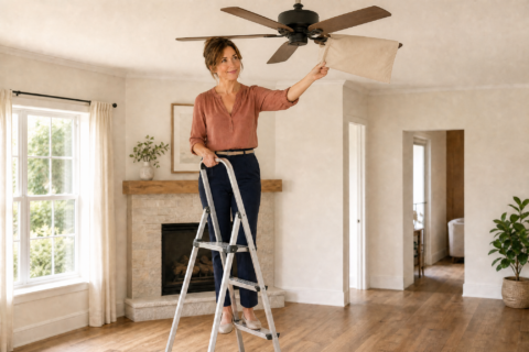 Hazel stands securely on a fully opened stepladder and gently draws a cotton pillowcase over one motionless ceiling fan blade in a bright, uncluttered room.