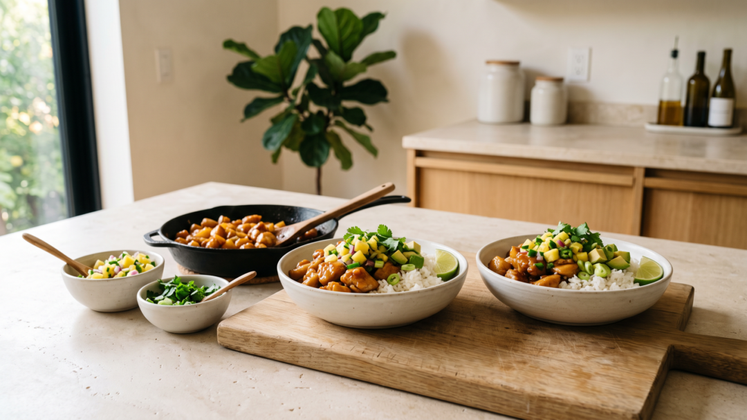A bright, flexible summer dinner of pineapple chicken, coconut rice, fresh salsa, avocado, herbs, and lime.