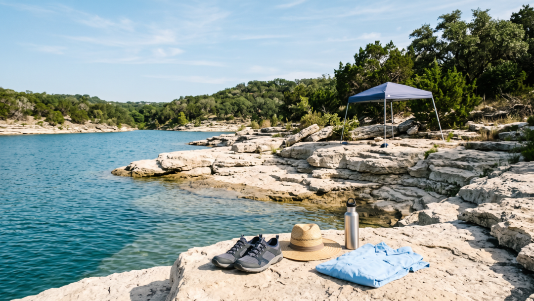 A practical Central Texas limestone-lake guide covering footwear, shoreline changes, heat, shade, weather, and official conditions.