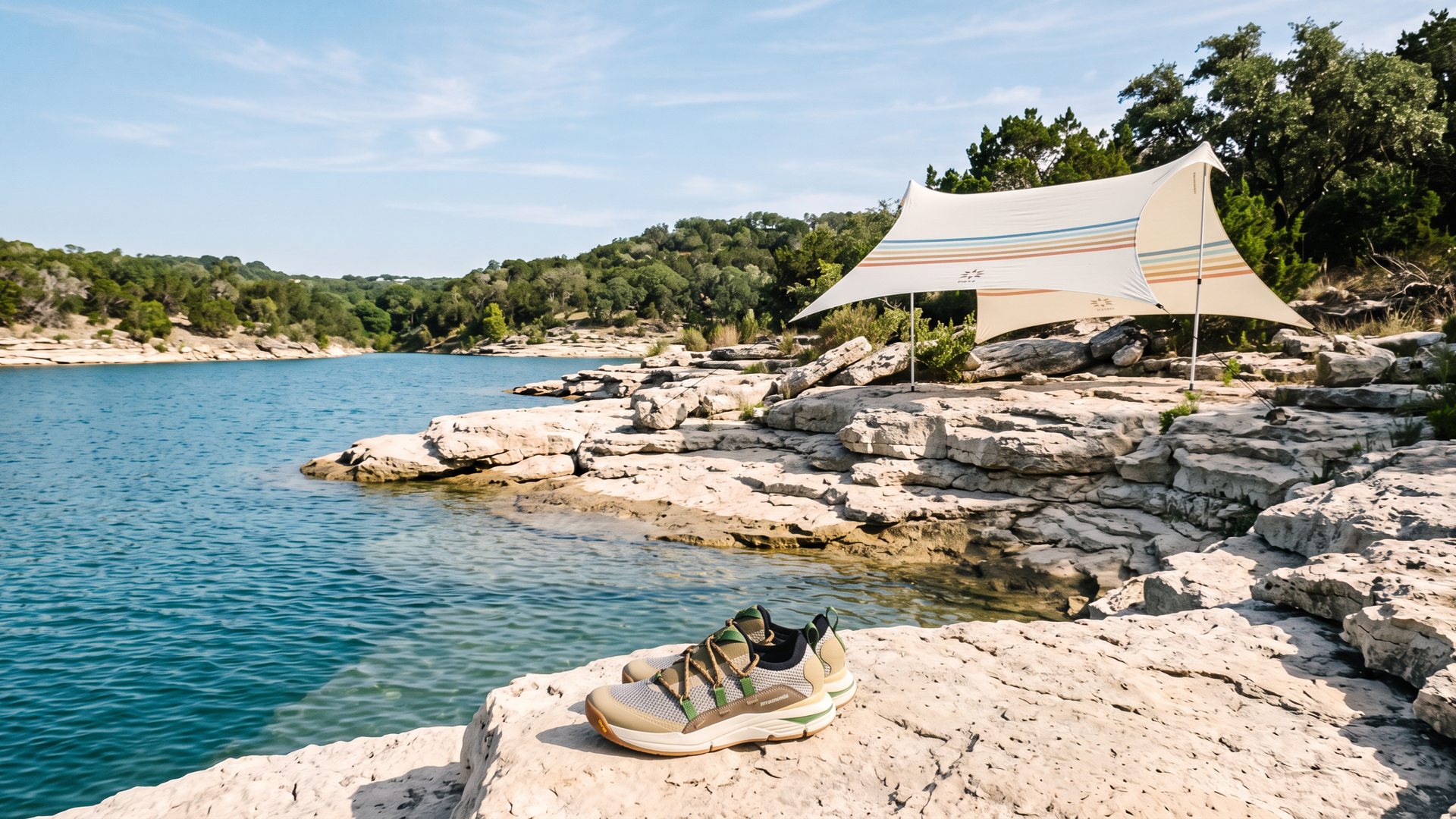 A Neso Grande sun shelter and Danner water shoes on the uneven limestone shoreline of Lake Travis.