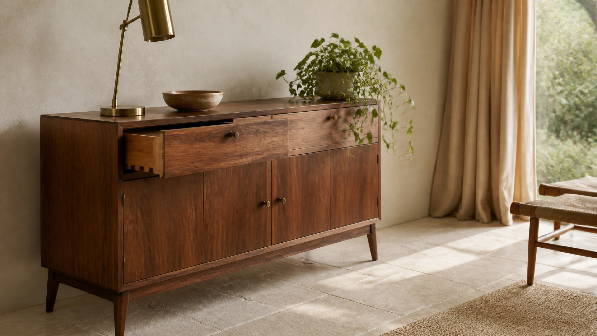 A solid-walnut midcentury sideboard with an open dovetail drawer in a warm, naturally lit room.