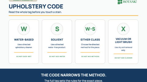 A four-card upholstery care guide explains that W allows a directed water-based upholstery cleaner, S allows a directed water-free solvent, W-S allows either directed method, and X limits care to vacuuming or light brushing.