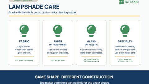A lampshade care decision guide separates fabric, paper, glass or plastic, and specialty shades, with dry-first and manufacturer-guided cleaning steps for each.