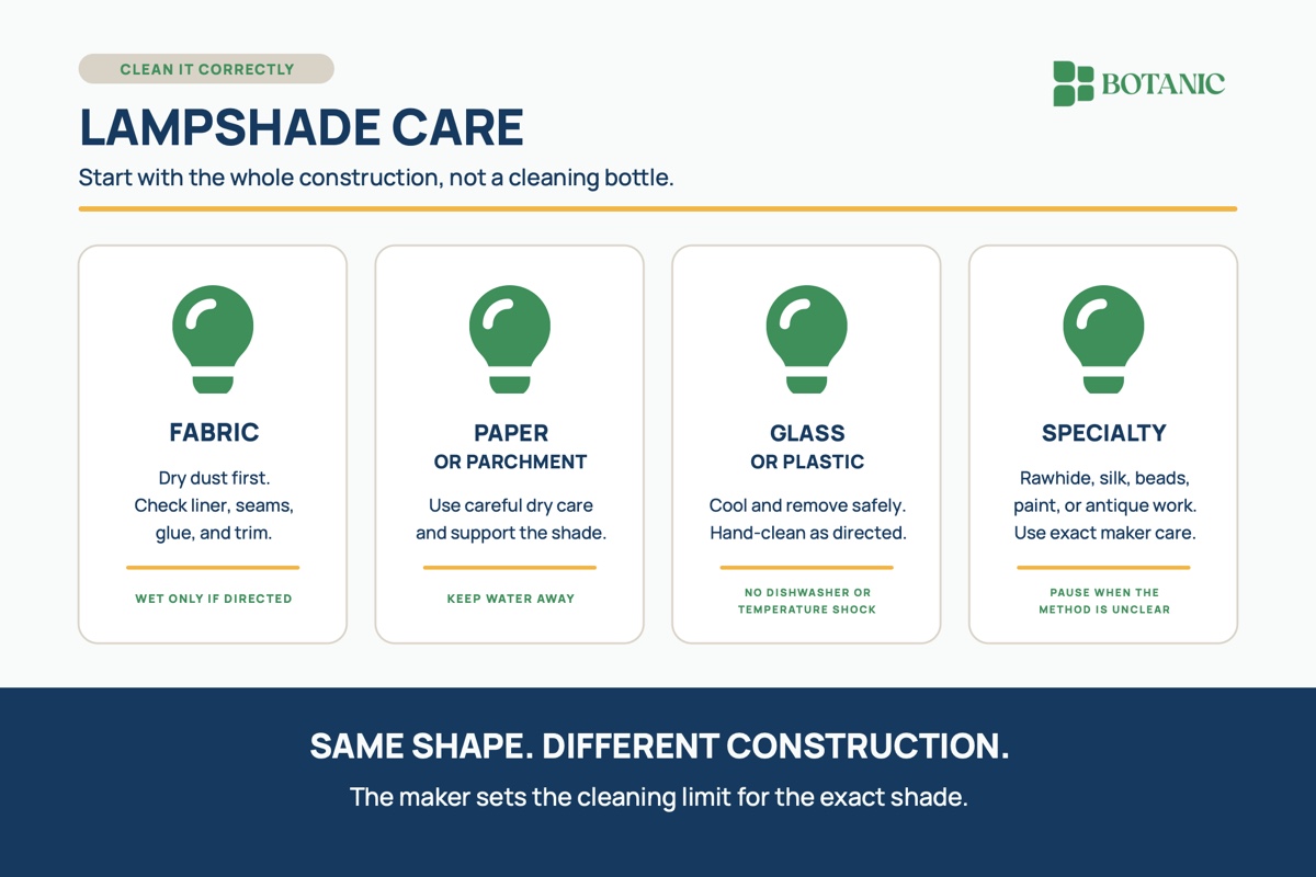A lampshade care decision guide separates fabric, paper, glass or plastic, and specialty shades, with dry-first and manufacturer-guided cleaning steps for each.