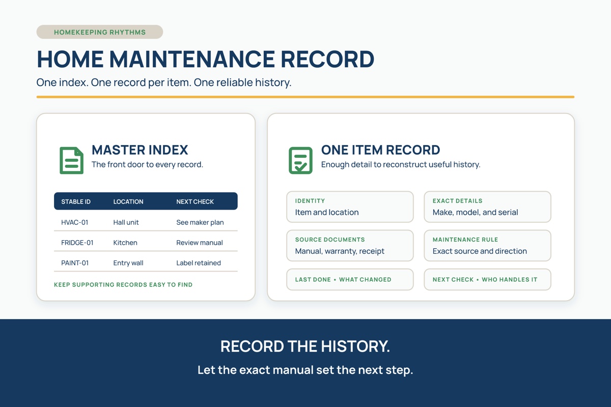 A home maintenance record guide shows a master index beside one item record with fields for identity, manuals, warranties, maintenance rules, completed work, and the next check.