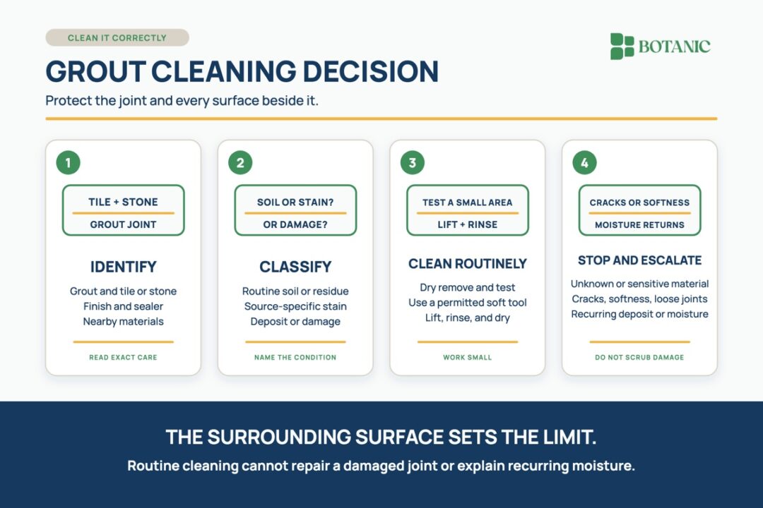 Clean grout with a material-first method. Identify the grout and neighboring surface, separate routine soil from damage, test the method, rinse well, and know when to stop.