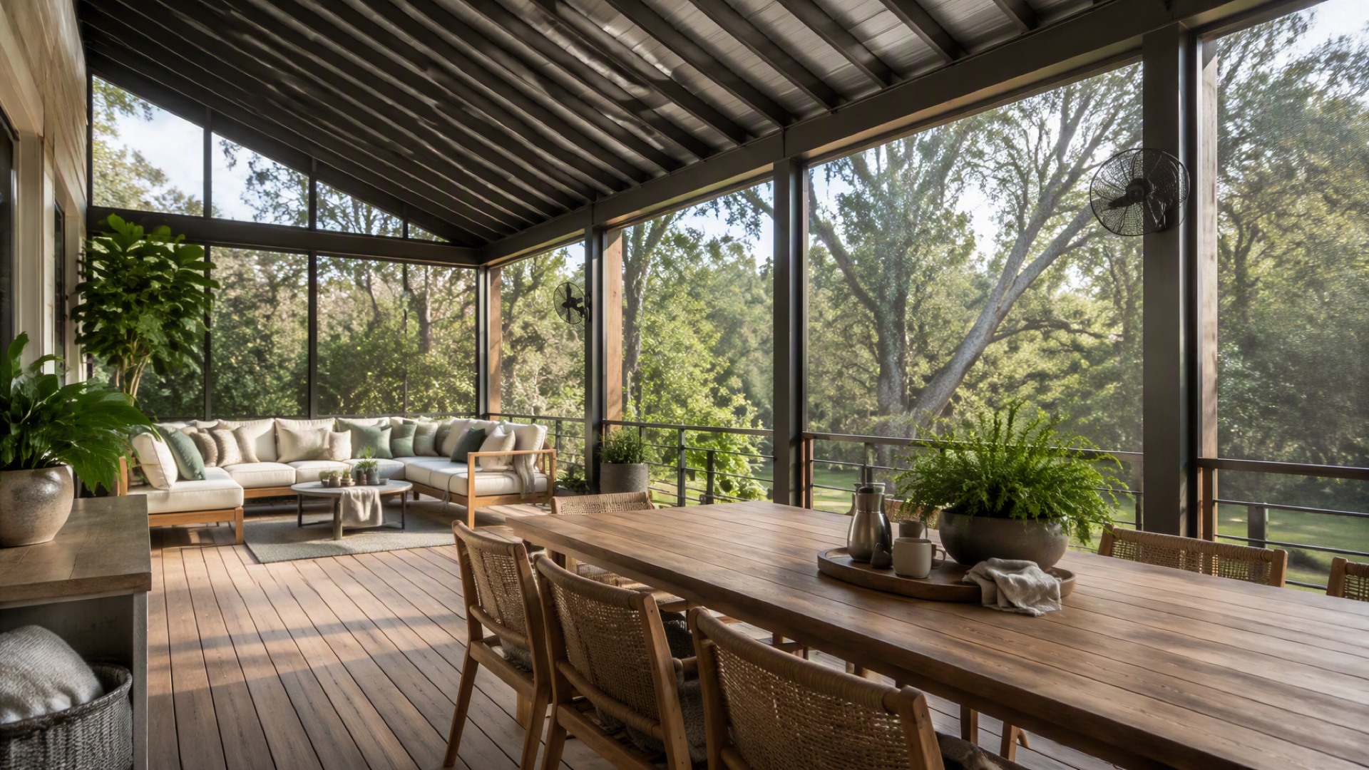A screened Texas porch with a long wood table, comfortable seating, plants, fans, and live-oak views.