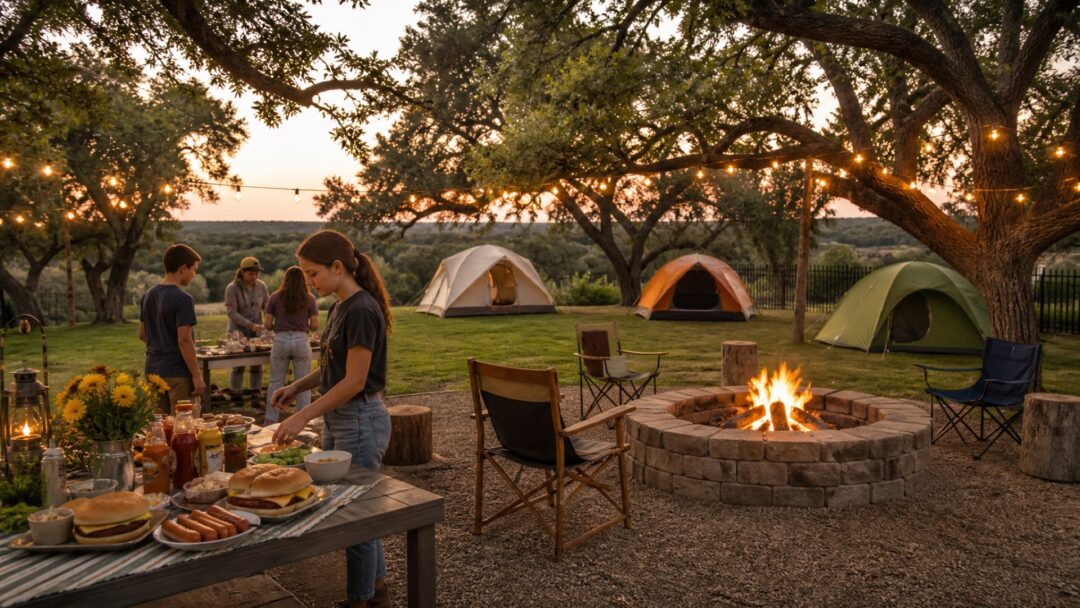 A Texas backyard campout with tents, a safely contained fire pit, and a casual outdoor meal at dusk.
